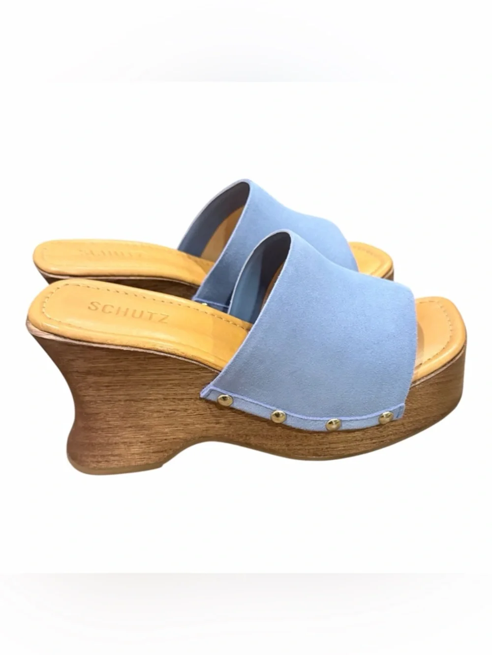 SCHUTZ Light Blue Suede Wooden Platform Slide Sandals